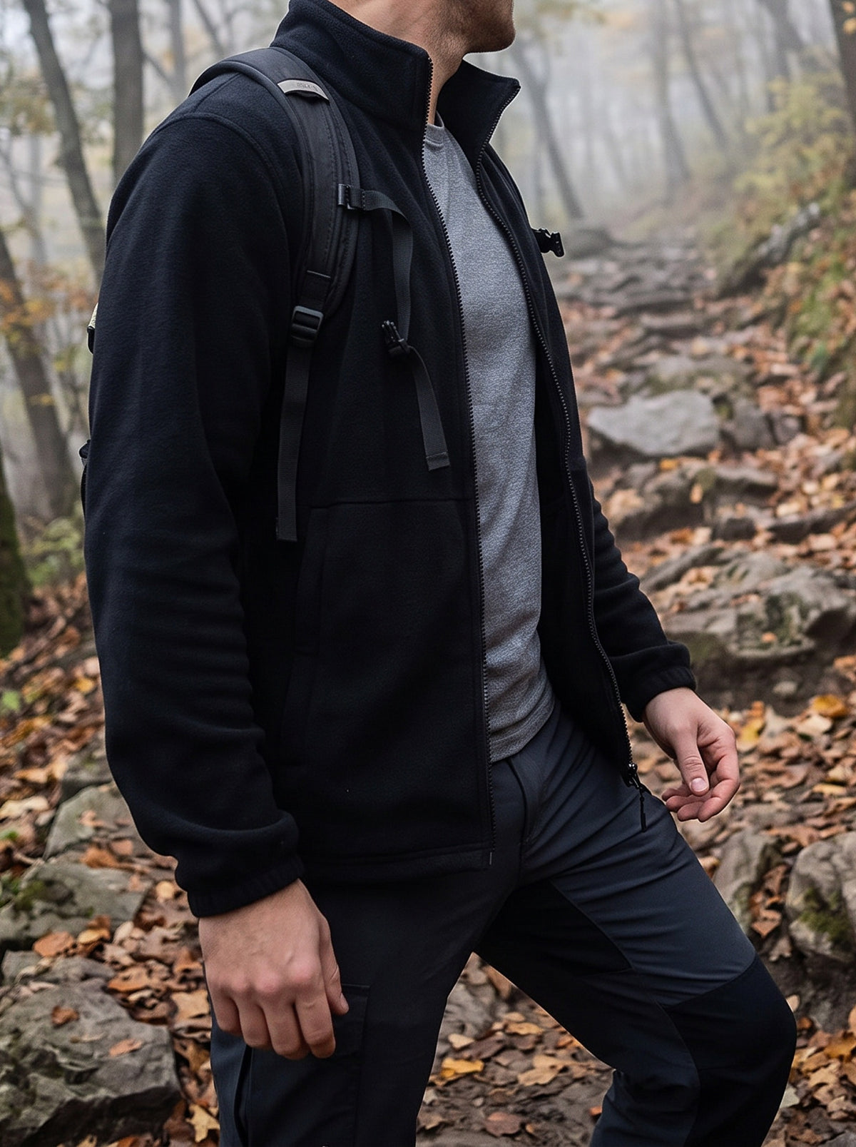 Man on a misty autumn forest trail in the black polar fleece jacket, half unzipped, with a daypack