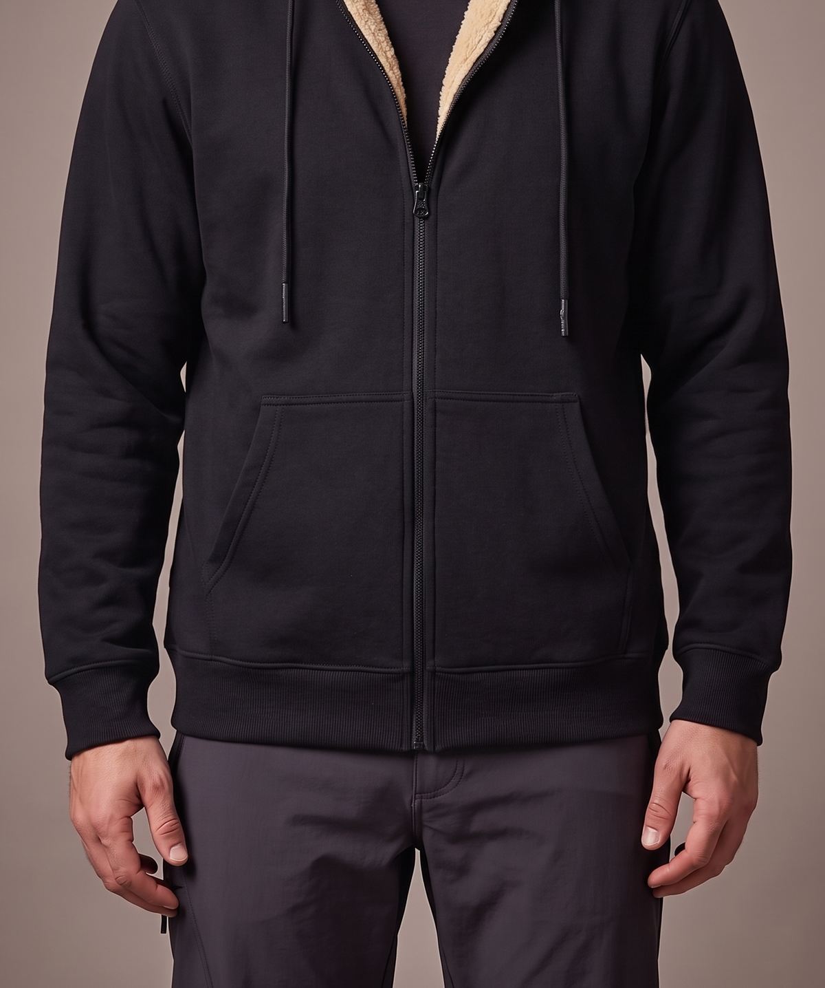 Men's black plush-lined zip hoodie, studio view