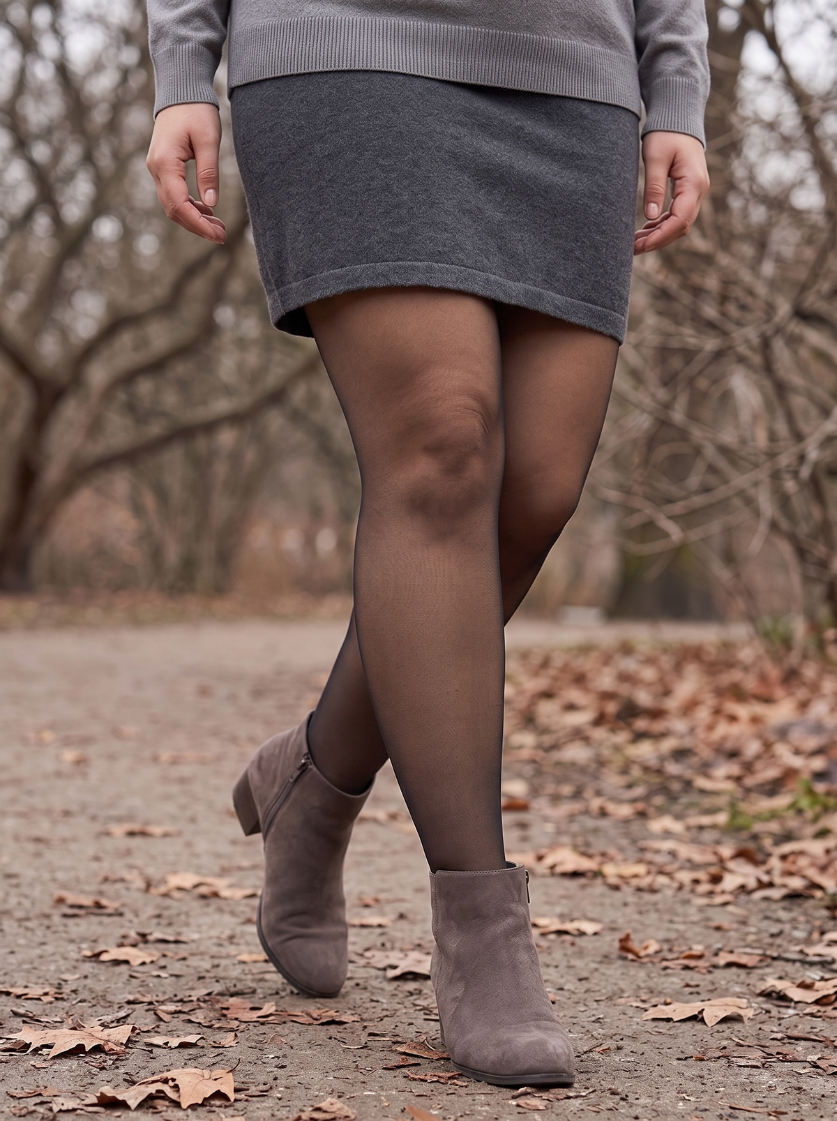 Sheer-look thermal tights worn on an autumn park walk