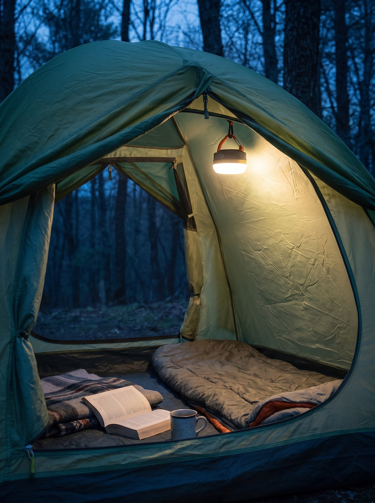 Camp lantern hanging from the ceiling loop of a tent at dusk, warm light on the tent