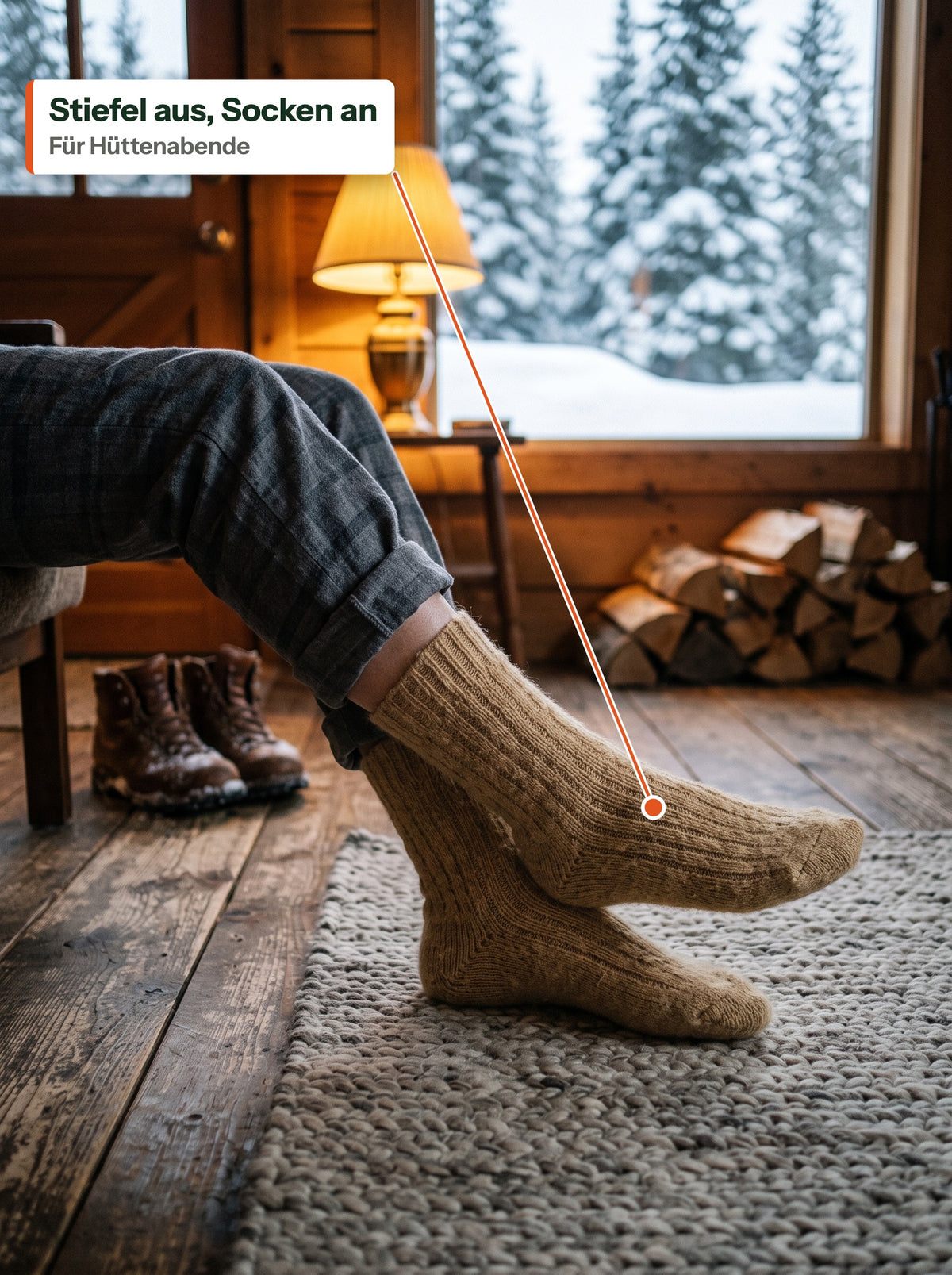 Socken in Khaki in der Hütte, Stiefel an der Tür