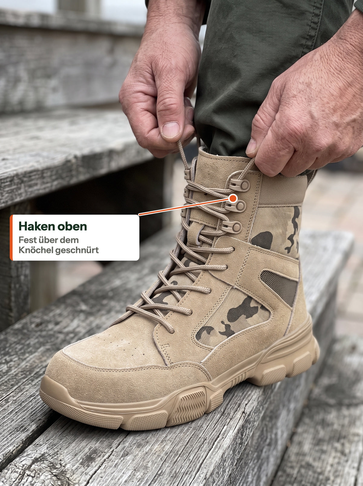 Haken oben, fest über dem Knöchel geschnürt