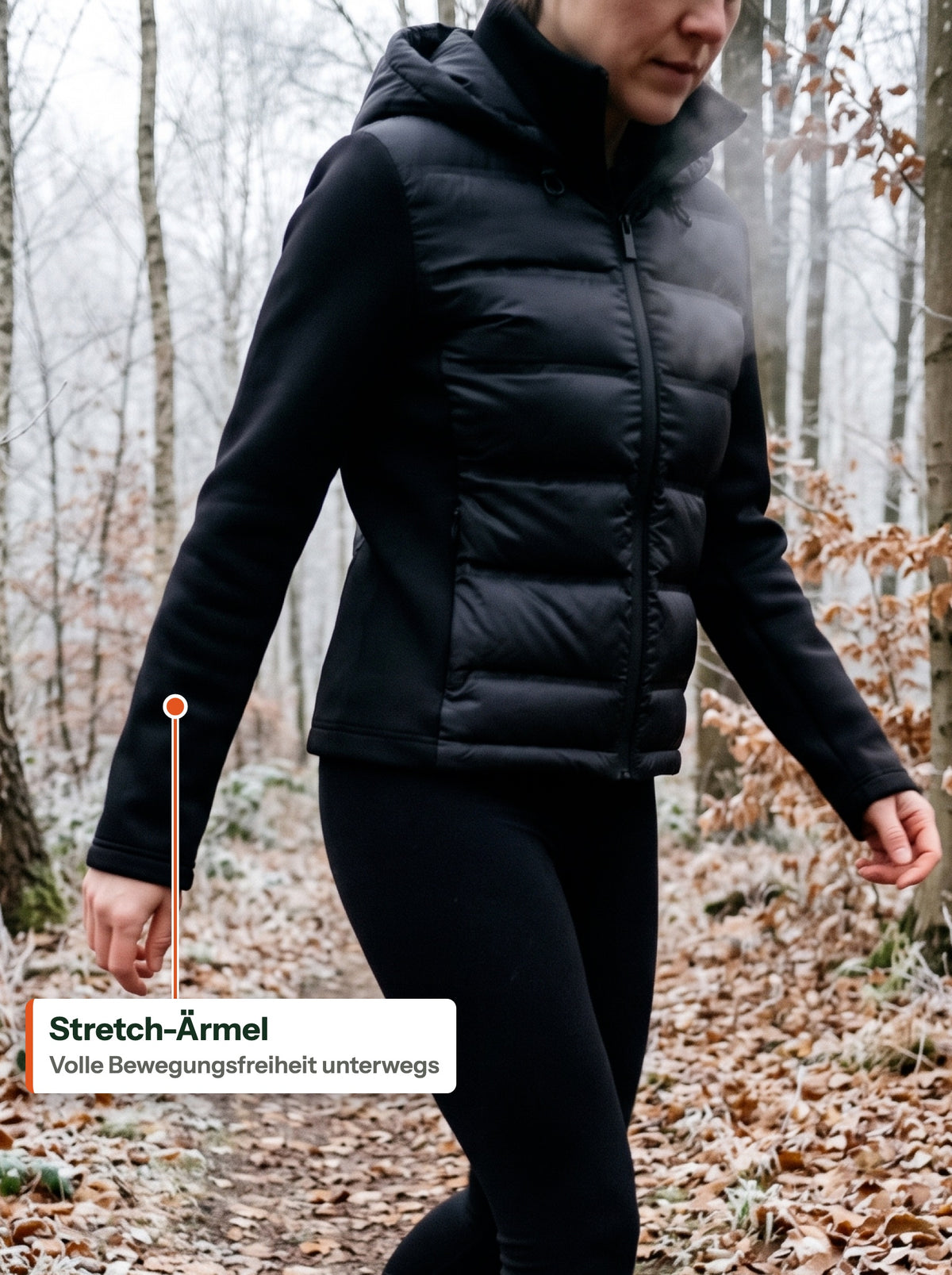 Stretch-Ärmel in Bewegung auf einem Winterweg (DE Label)