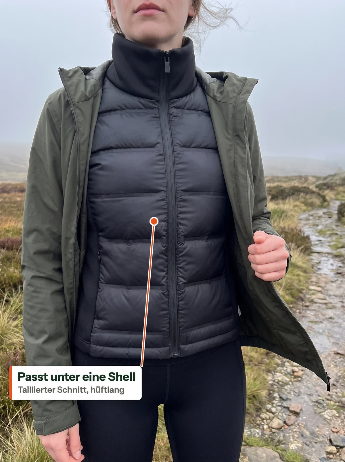 Hybrid-Steppjacke unter einer offenen Regenshell (DE Label)