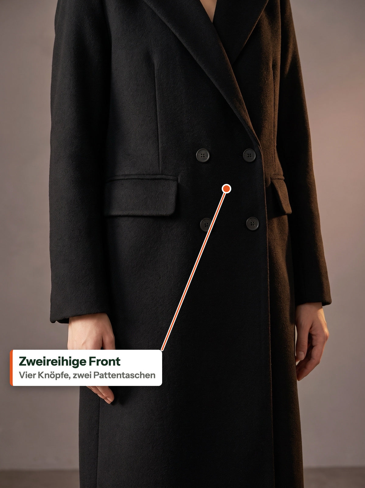 Zweireihige Front, vier Knöpfe und zwei Pattentaschen (DE Label)