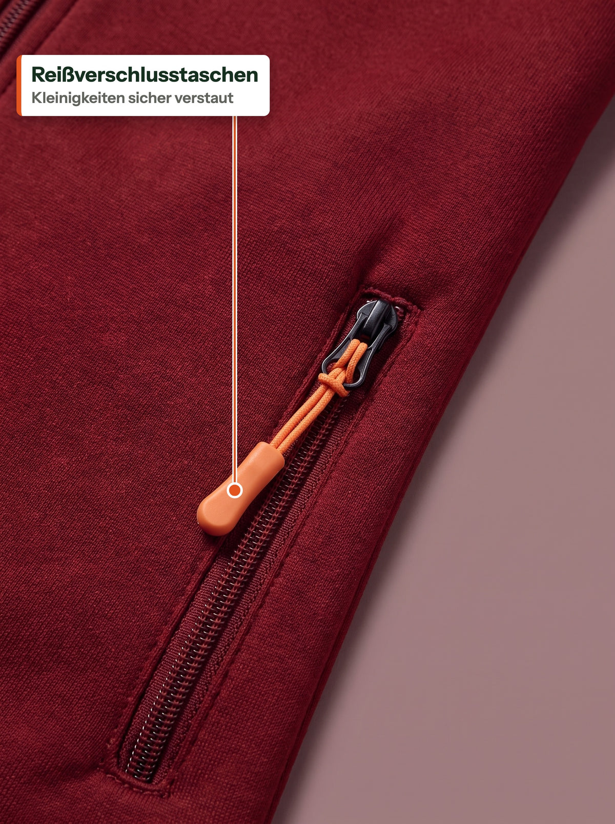 Zip pocket with orange puller