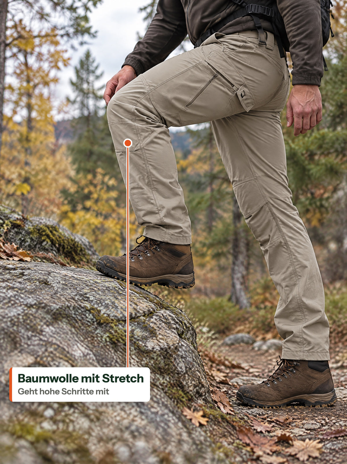 Hoher Schritt auf einen Felsen in Baumwoll-Stretch-Cargohose (DE Label)