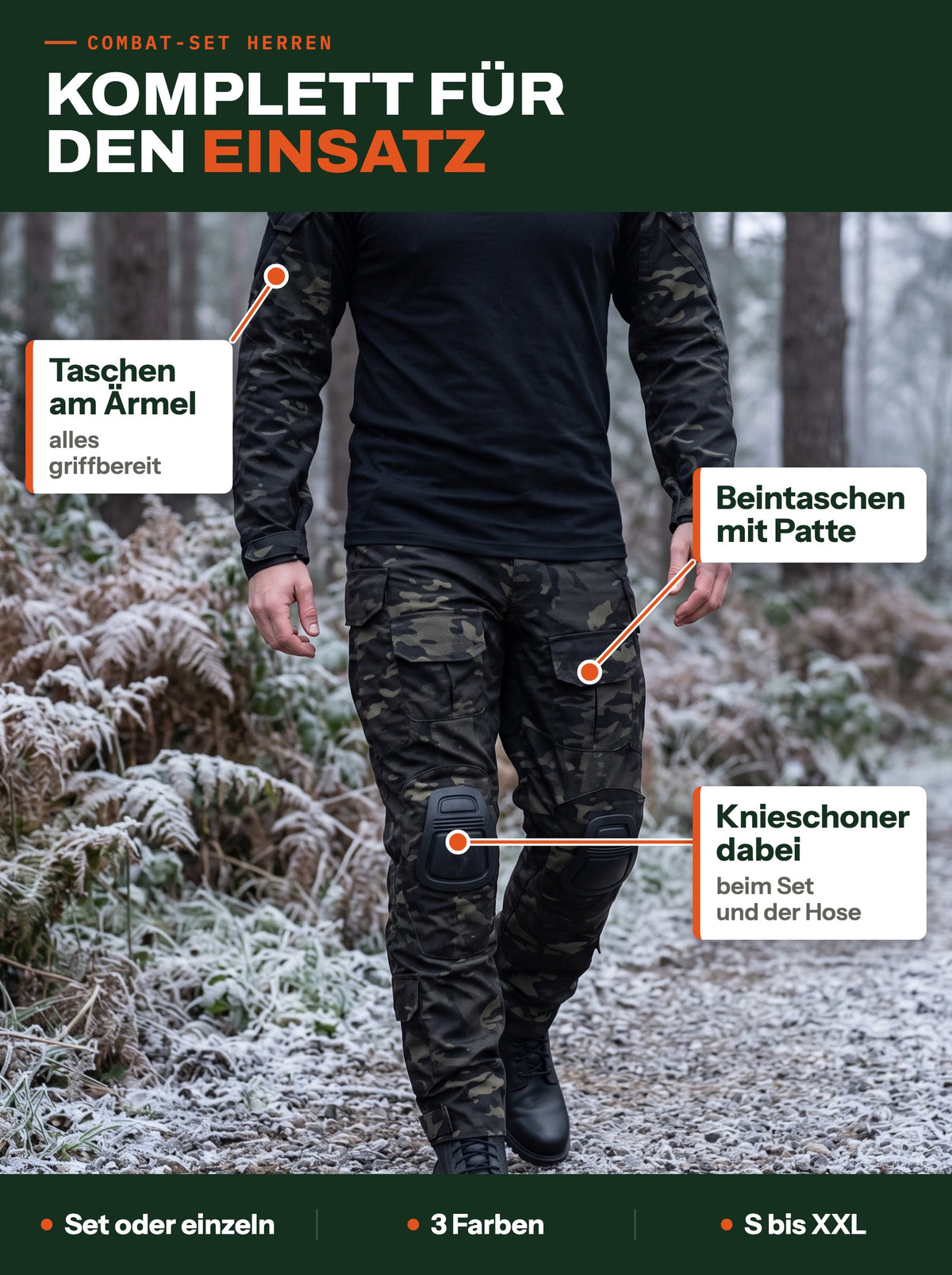 Combat-Set Herren in Black Camo auf einem Waldweg: Ärmeltaschen, Beintaschen und Knieschoner