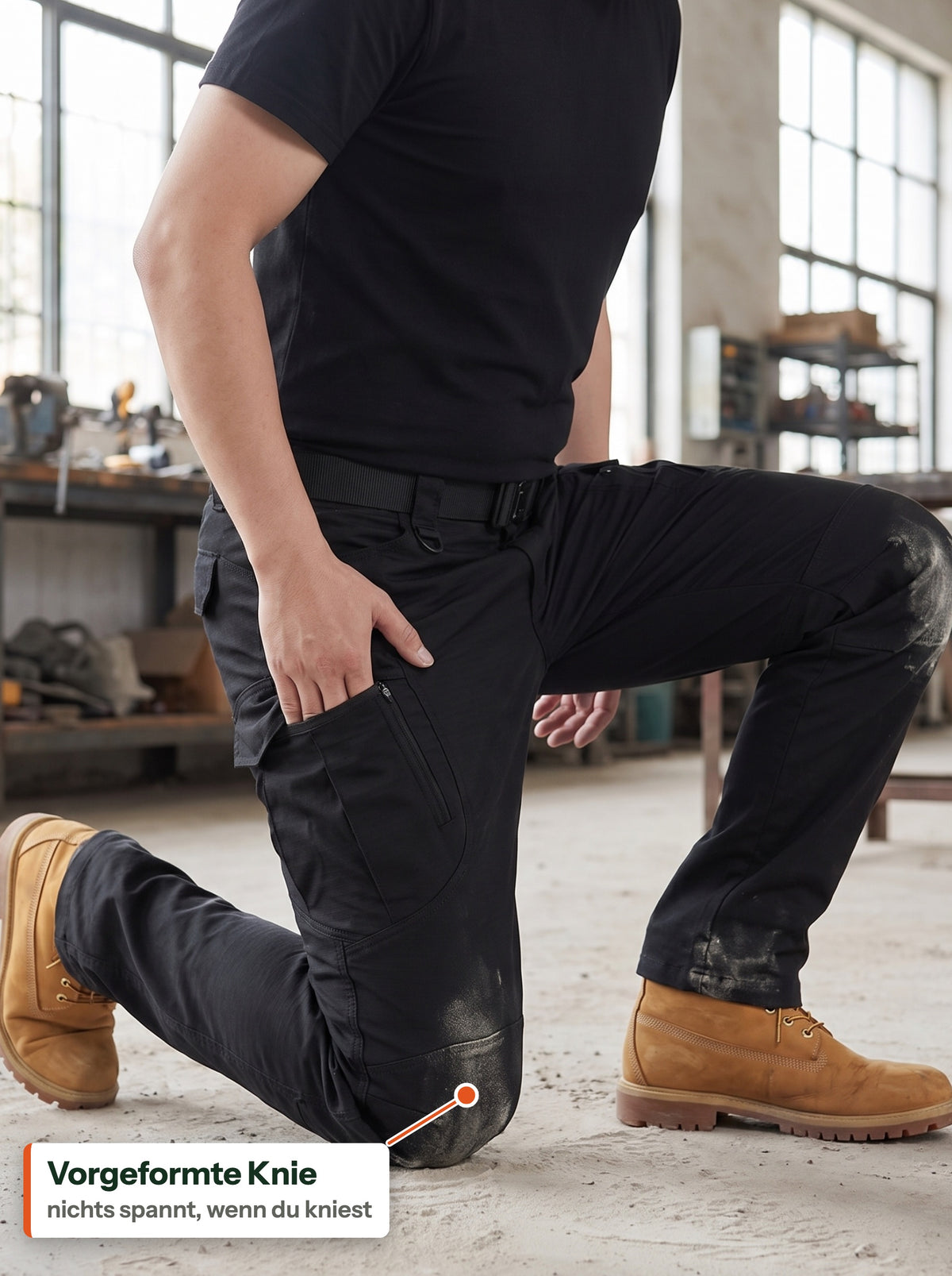 Vorgeformte Knie: schwarze taktische Cargohose beim Knien auf Beton in einer Werkstatt (DE Label)