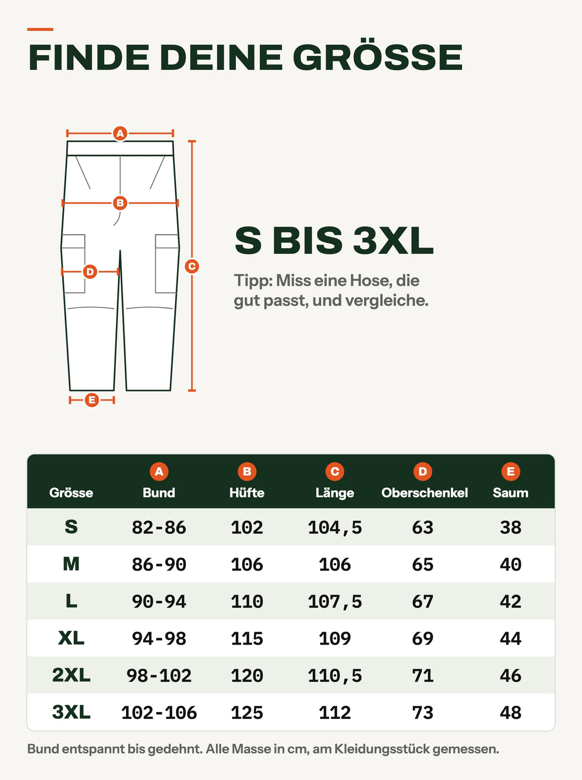 Grössentabelle der taktischen Cargohose in cm, Grössen S bis 3XL
