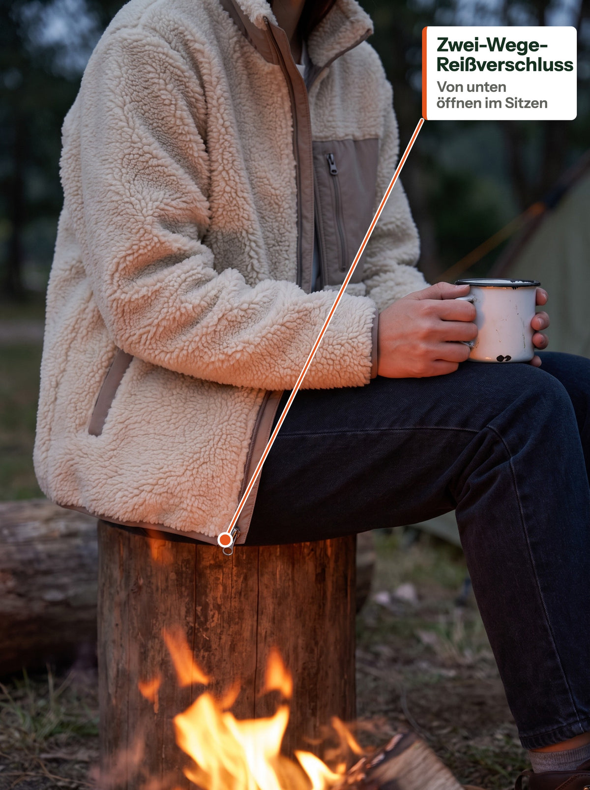 Zwei-Wege-Reißverschluss von unten geöffnet, im Sitzen am Lagerfeuer (DE label)