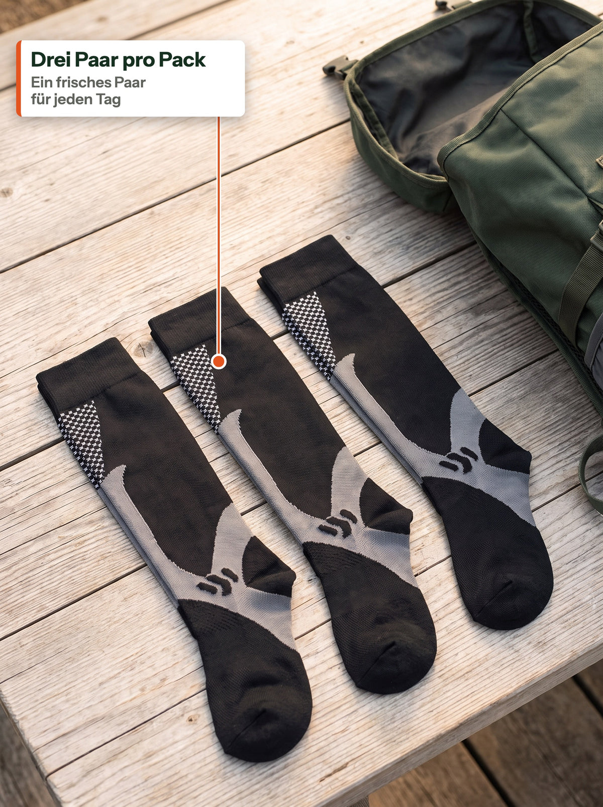 Drei Paar schwarze Kompressionssocken auf einem Tisch neben einem Rucksack (DE Label)