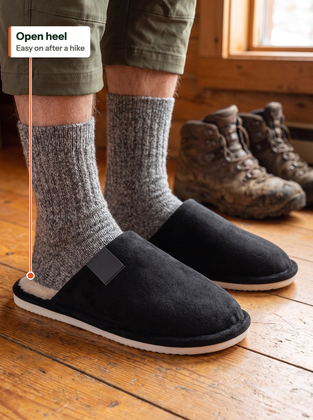 Open heel, slipper worn after a hike (EN label)