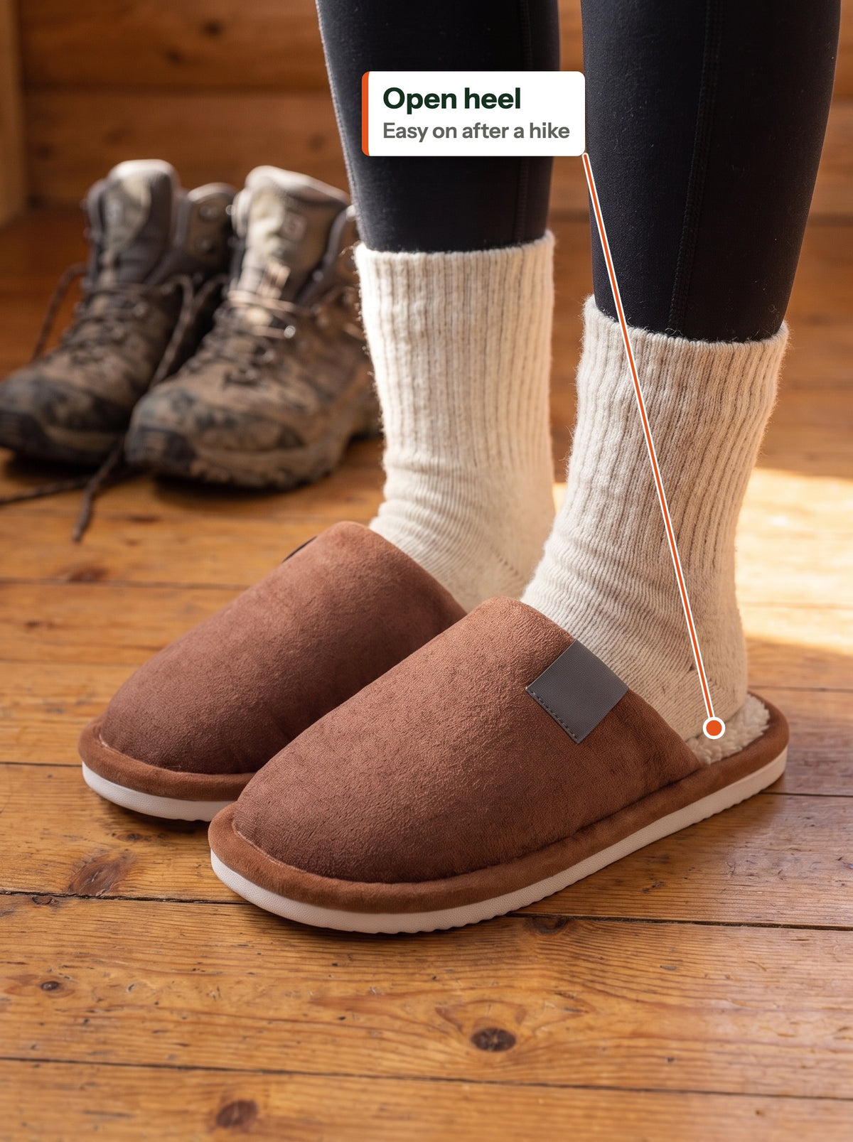 Open heel, slipper worn after a hike (EN label)