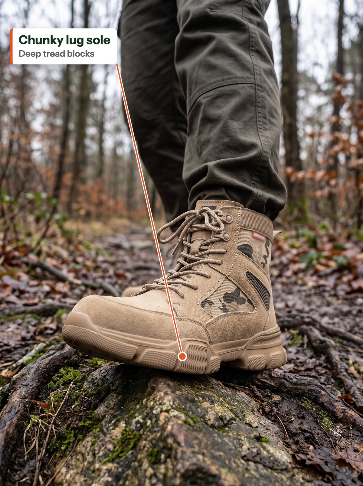 Chunky lug sole with deep tread blocks