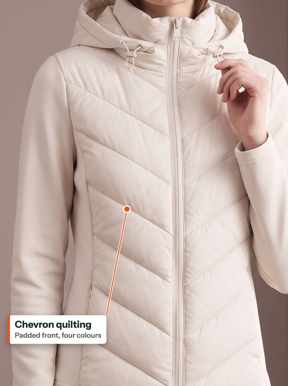 Chevron quilting on the padded front of the beige jacket (EN label)