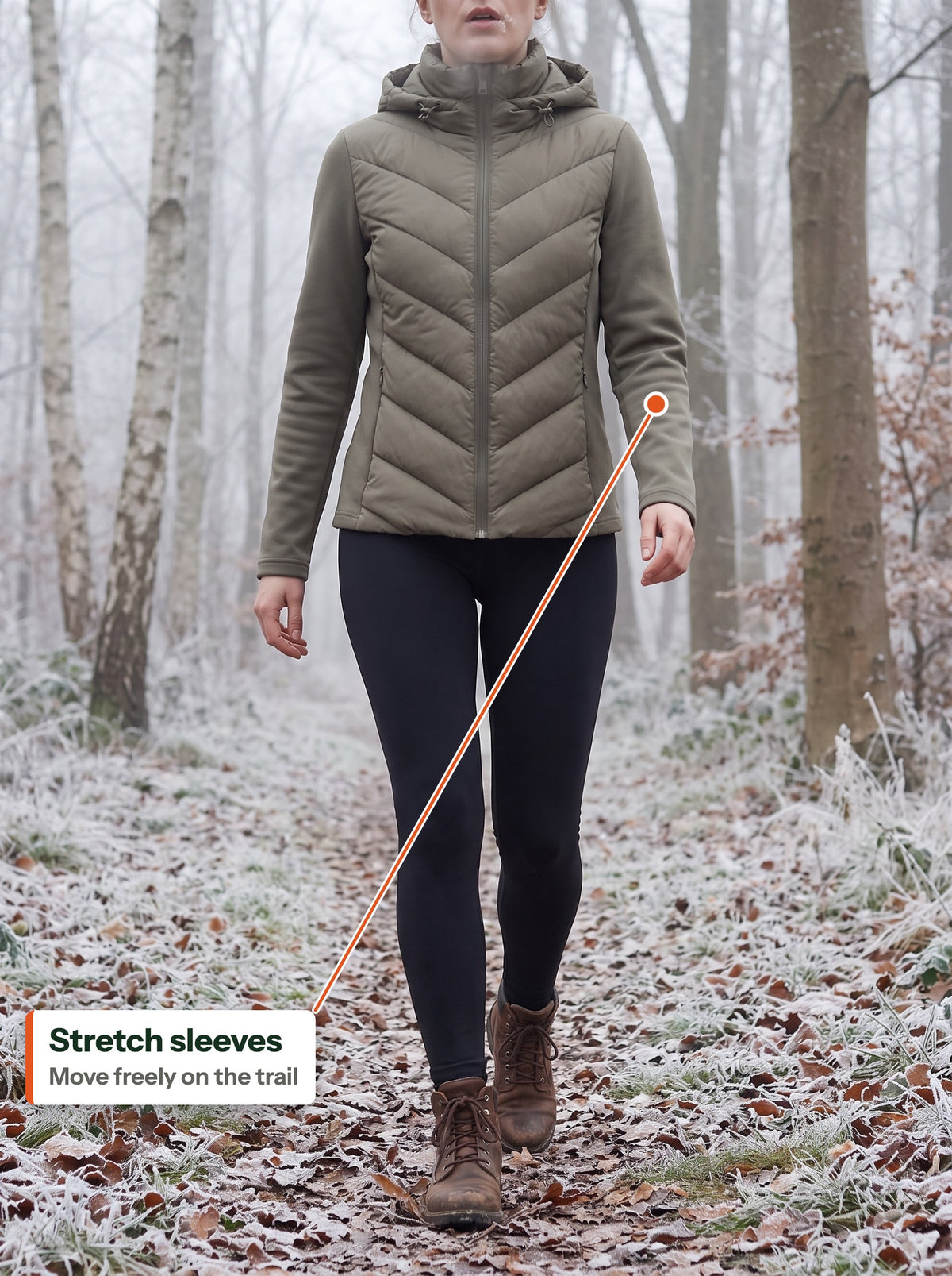 Stretch sleeves moving freely on a frosty trail (EN label)