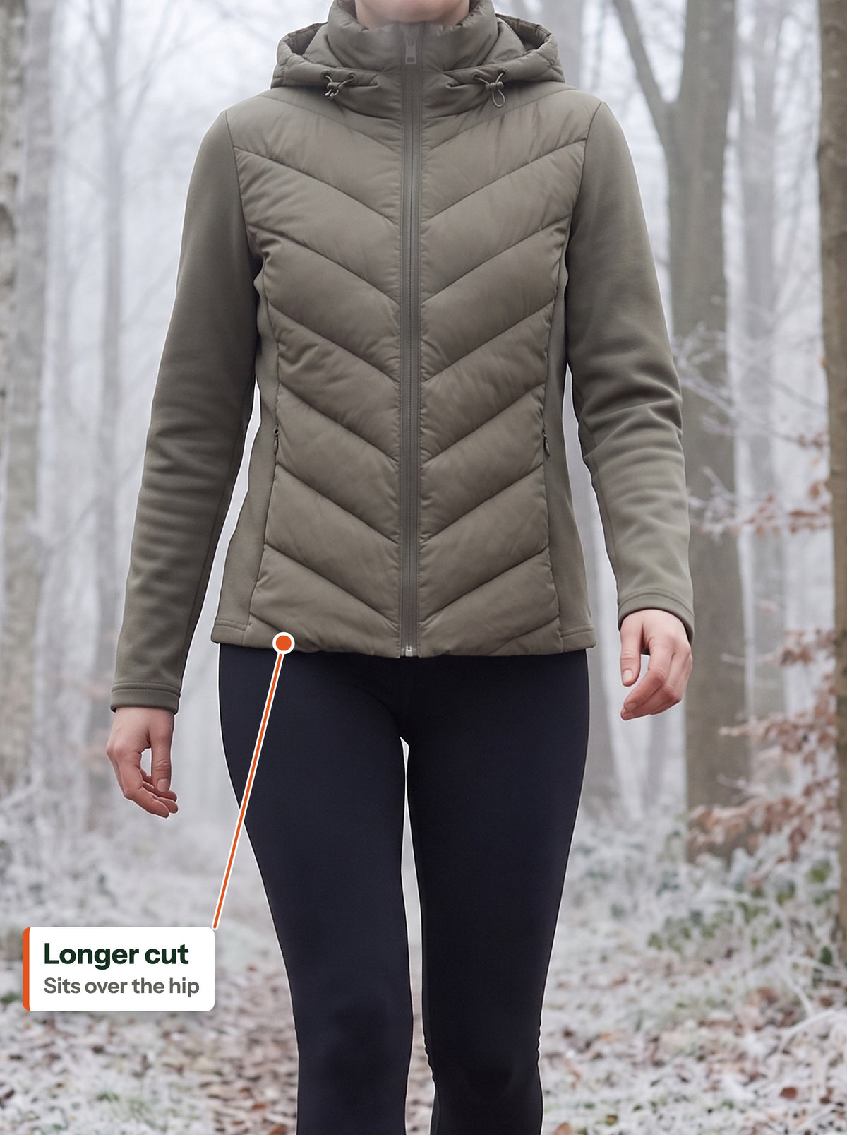 Longer cut of the green chevron hybrid jacket sitting over the hip (EN label)