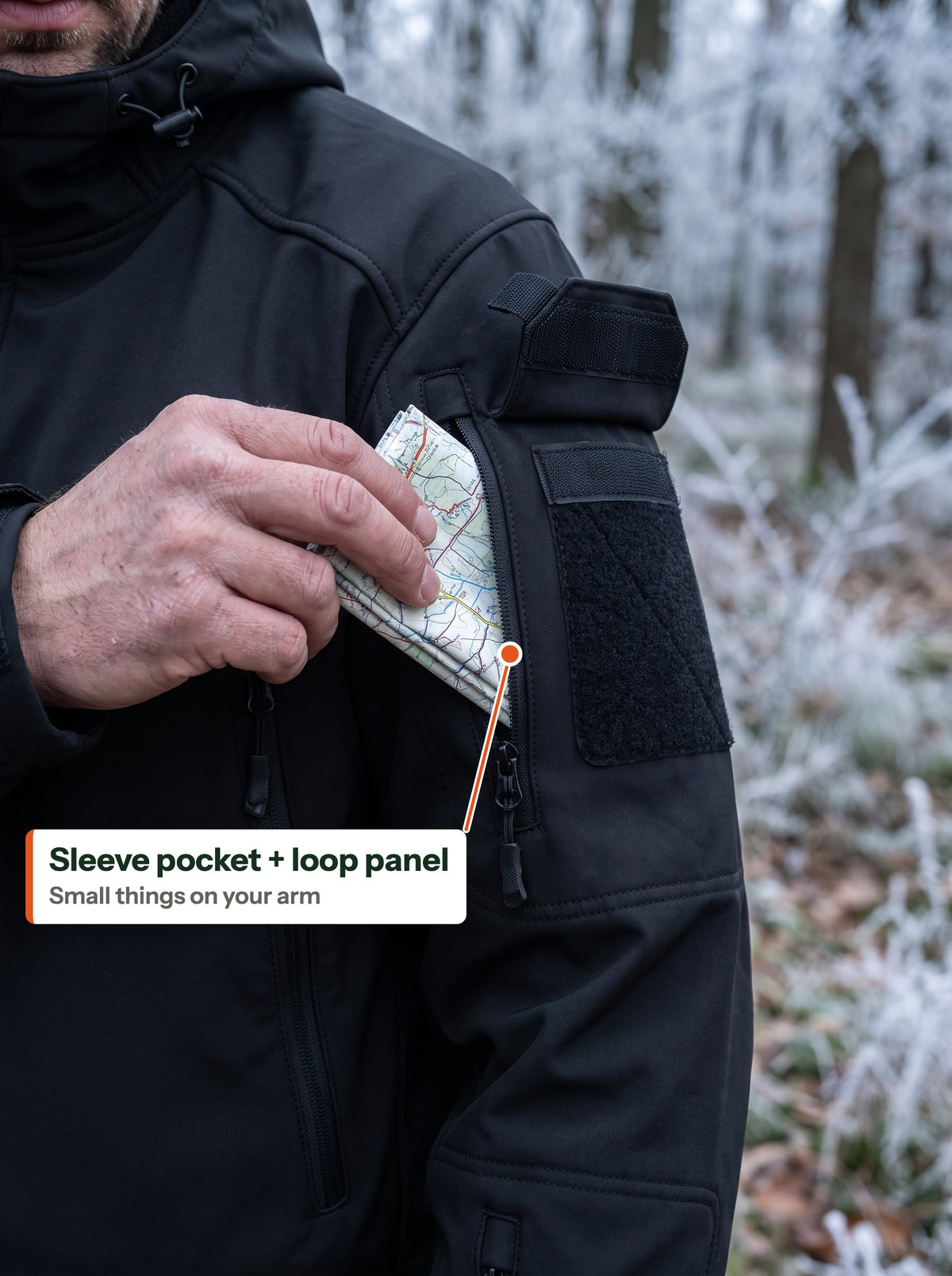Sleeve pocket and loop panel, a map slid into the sleeve pocket (EN label)