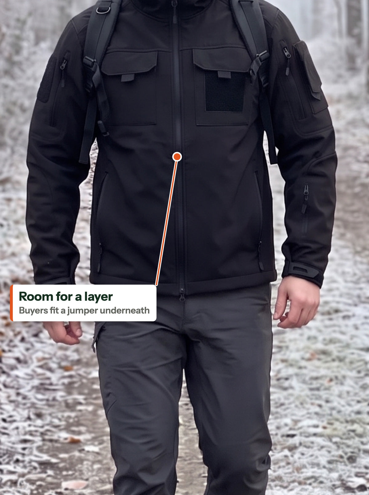 Combat Softshell worn outdoors with room for a layer (EN label)