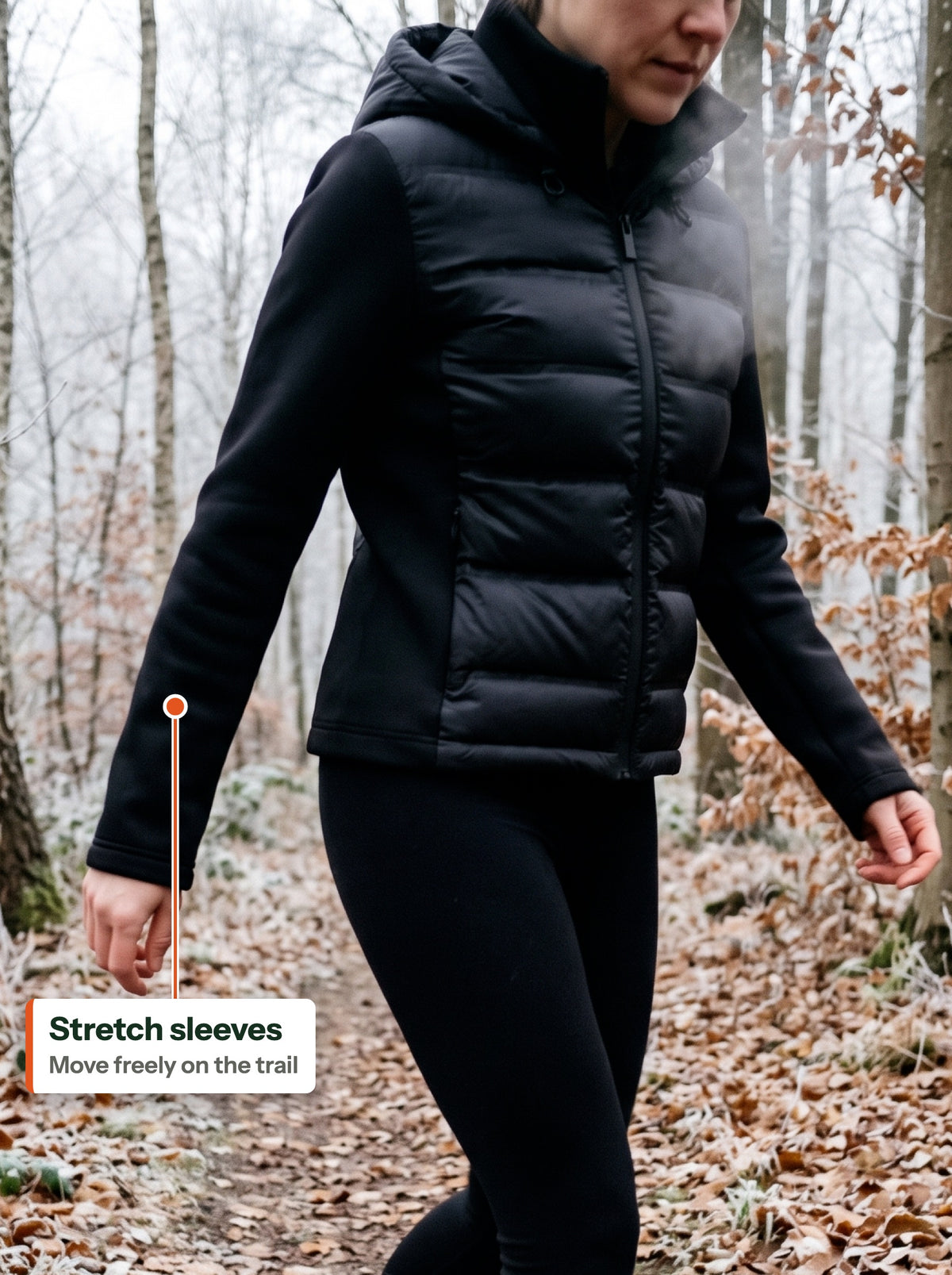 Stretch sleeves moving freely on a winter trail (EN label)