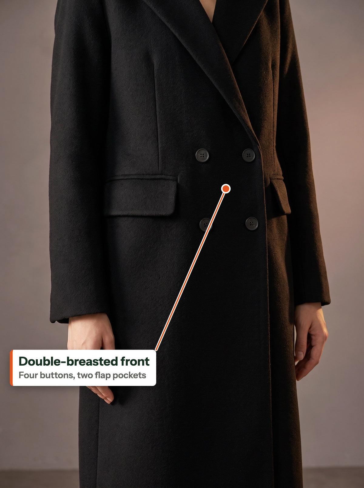 Double-breasted front, four buttons and two flap pockets (EN label)