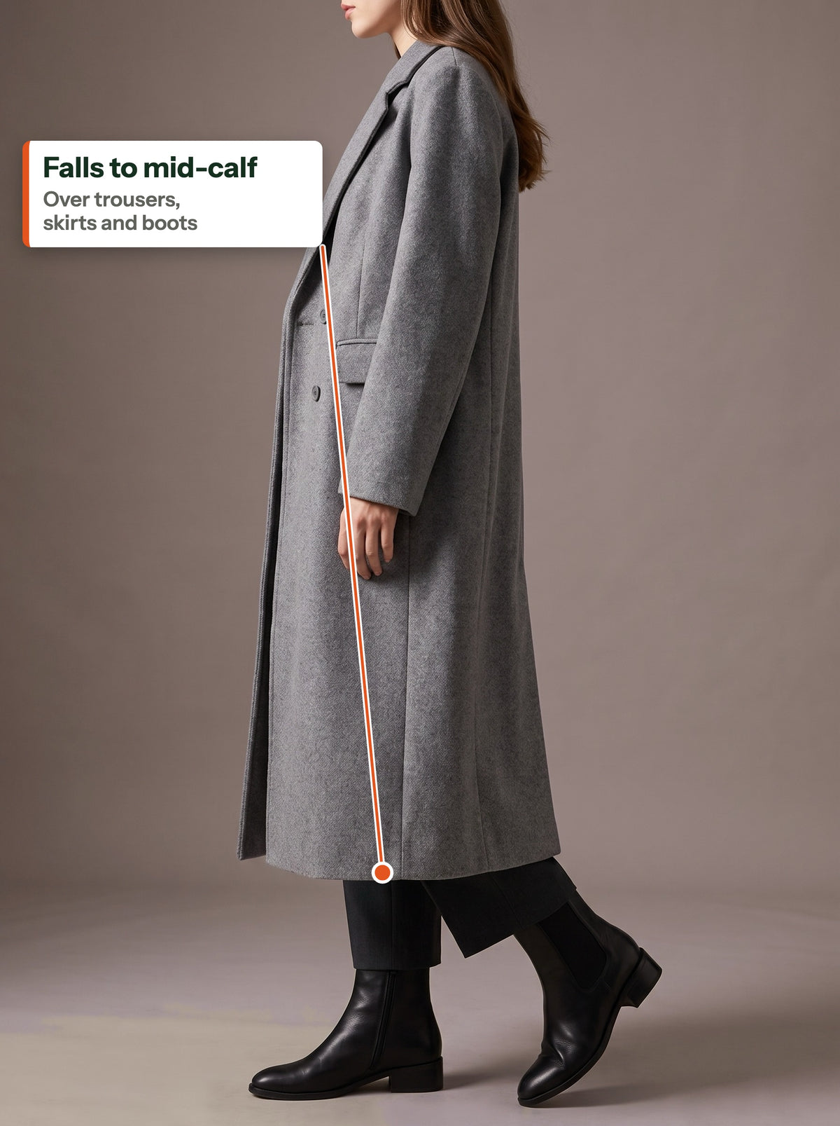 The coat falls to mid-calf over boots (EN label)