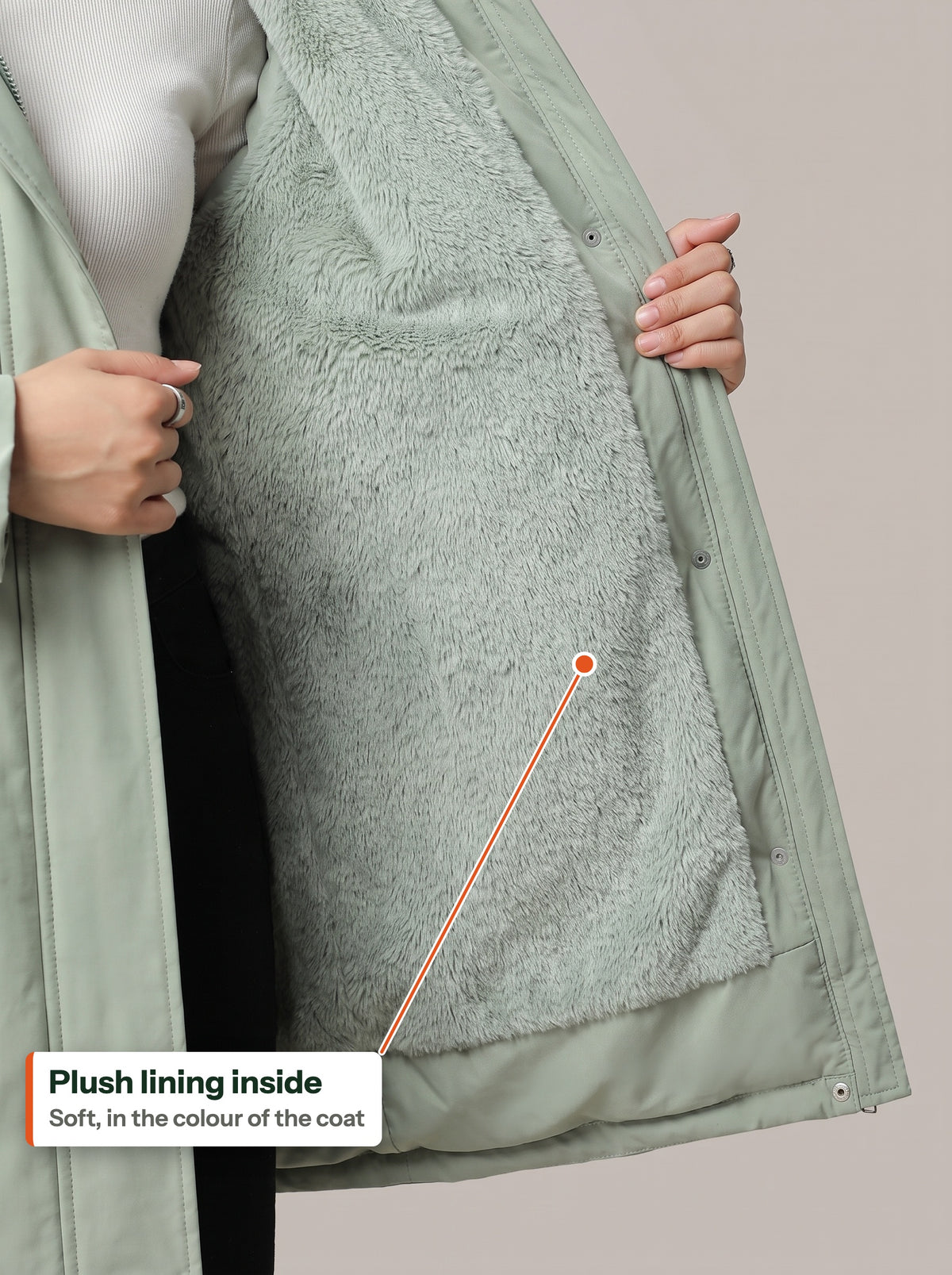 Plush lining inside the sage parka (EN label)