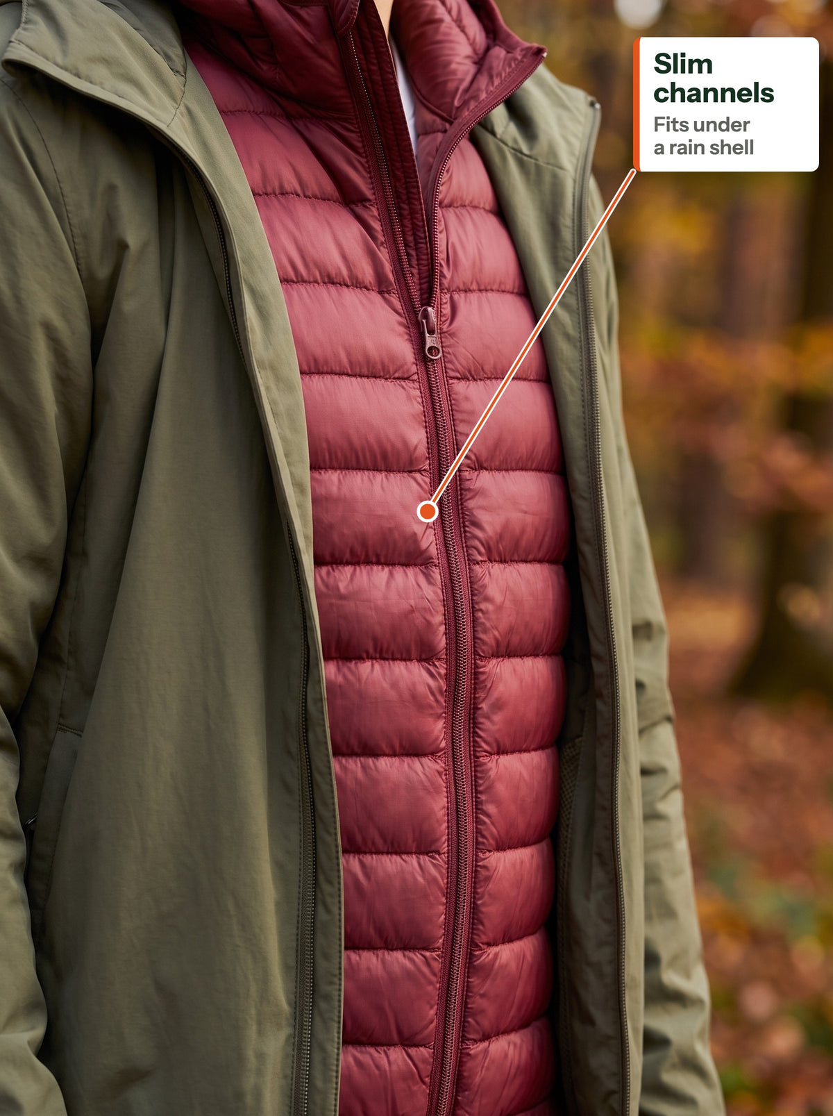 Burgundy down jacket worn under an open rain shell (EN label)