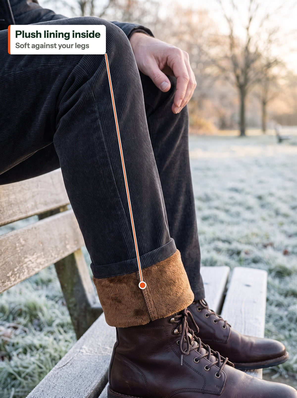 Turned-up cuff showing the brown plush lining (EN label)