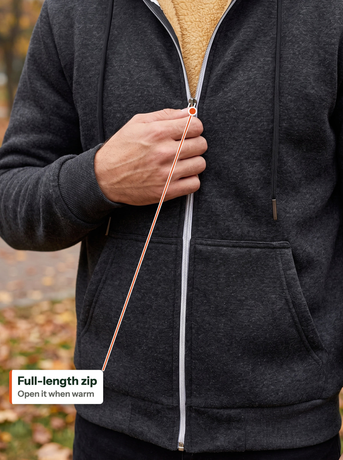 Full-length front zip (EN label)