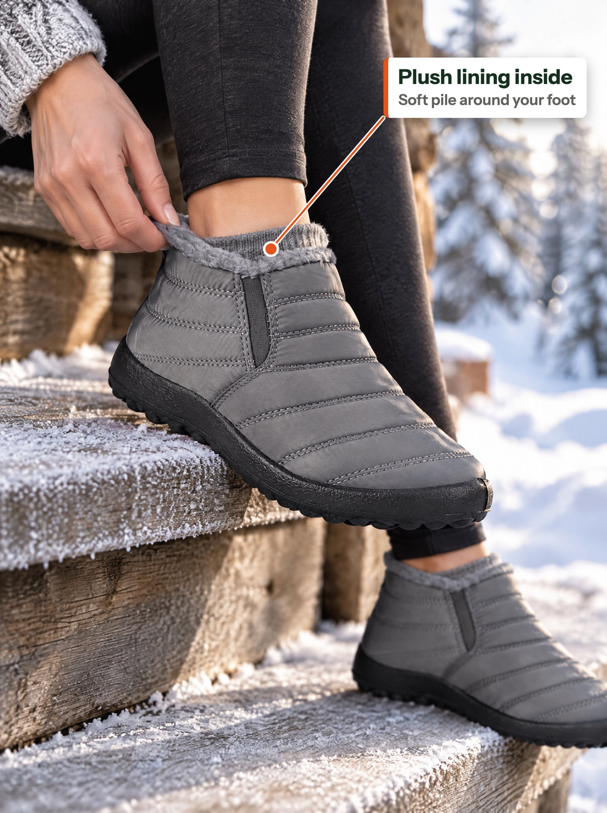 Plush lining inside a grey slip-on (EN label)