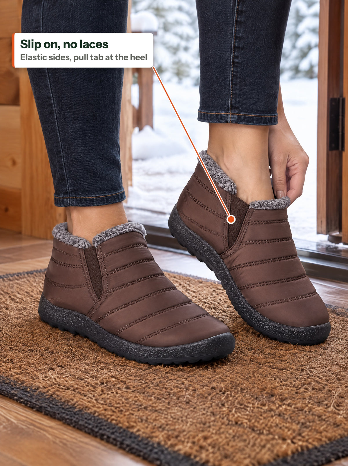 Slipping into a brown slip-on at the cabin door (EN label)