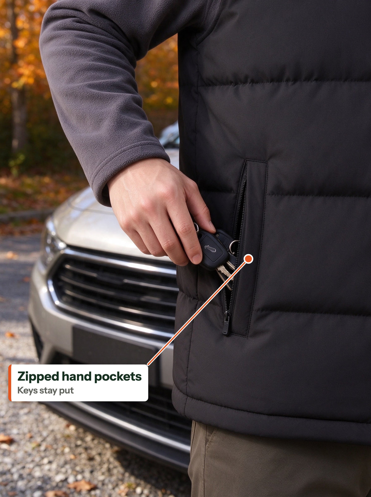 Car keys going into the zipped hand pocket of the black quilted vest (EN label)