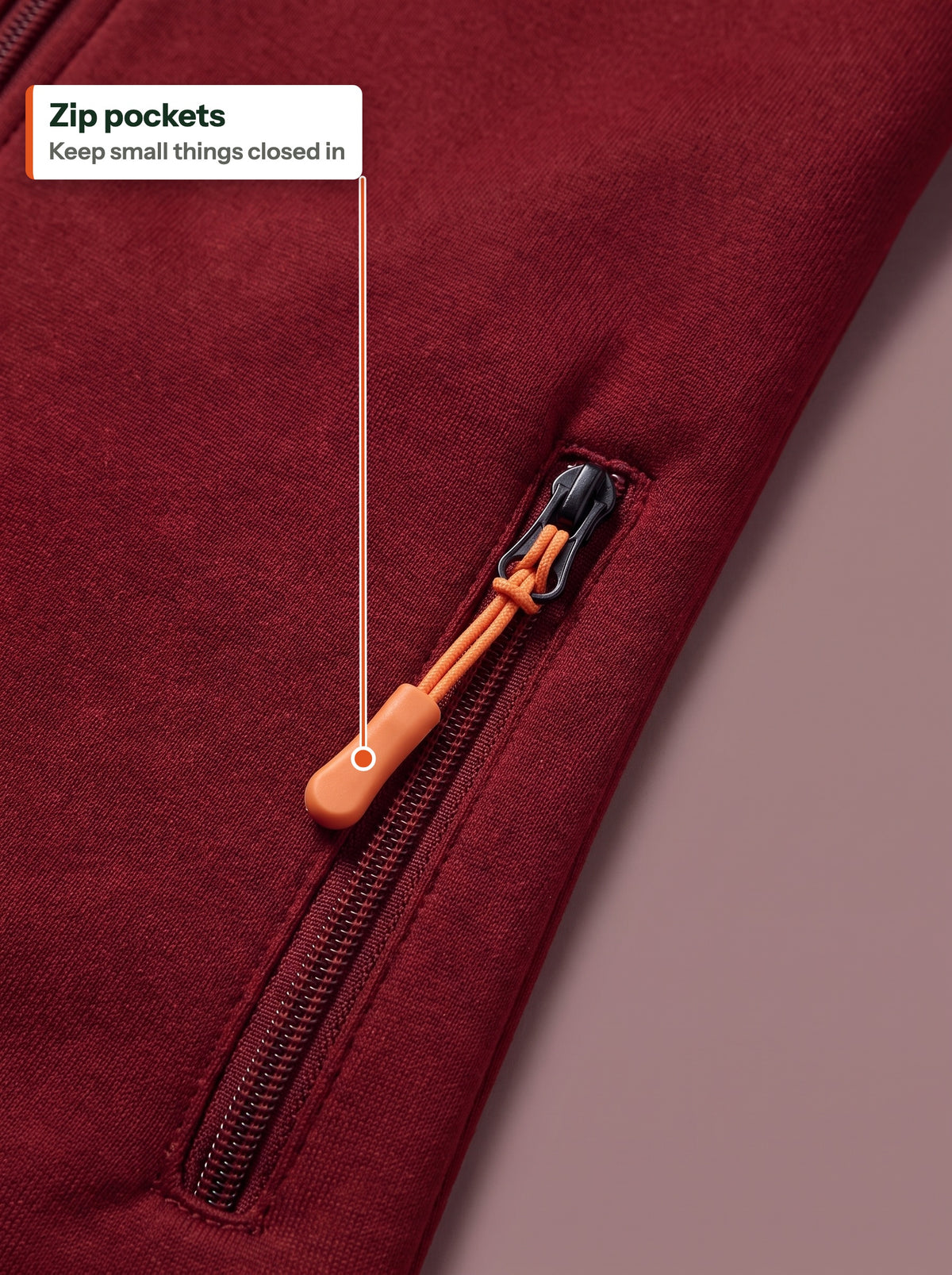 Zip pocket with orange puller