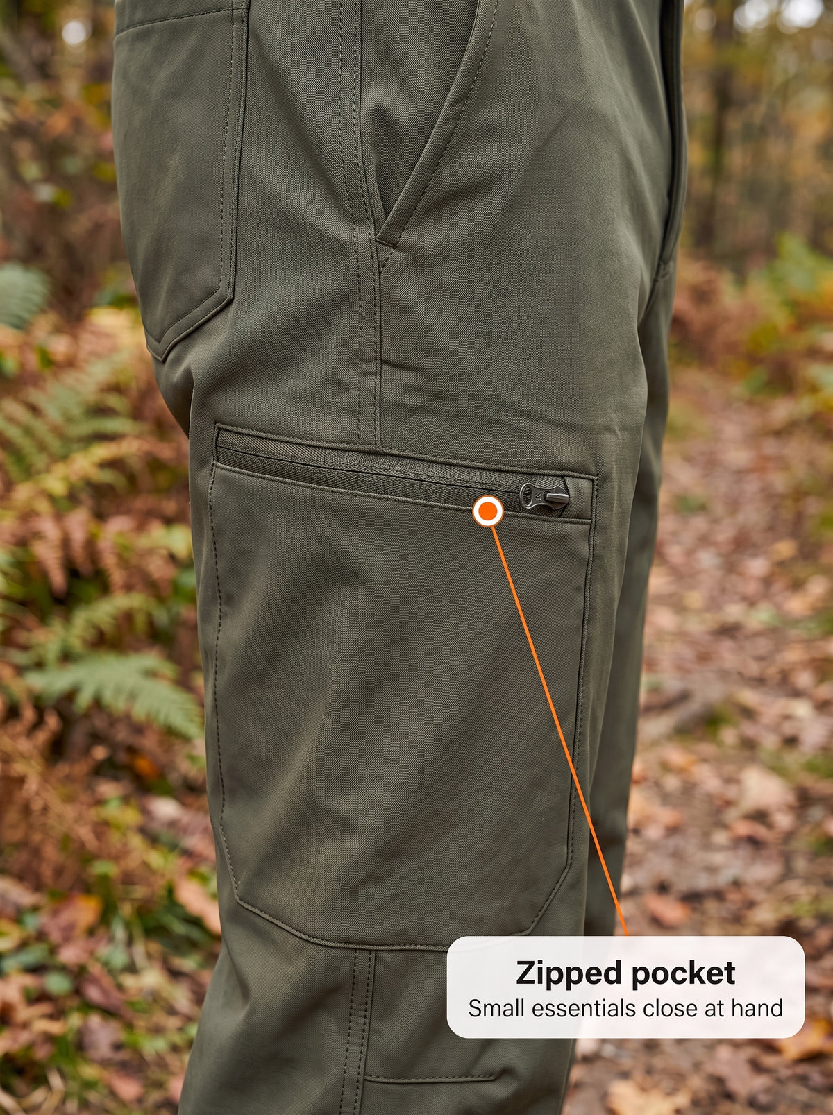 Softshell hiking trouser zipped pocket on a woodland trail