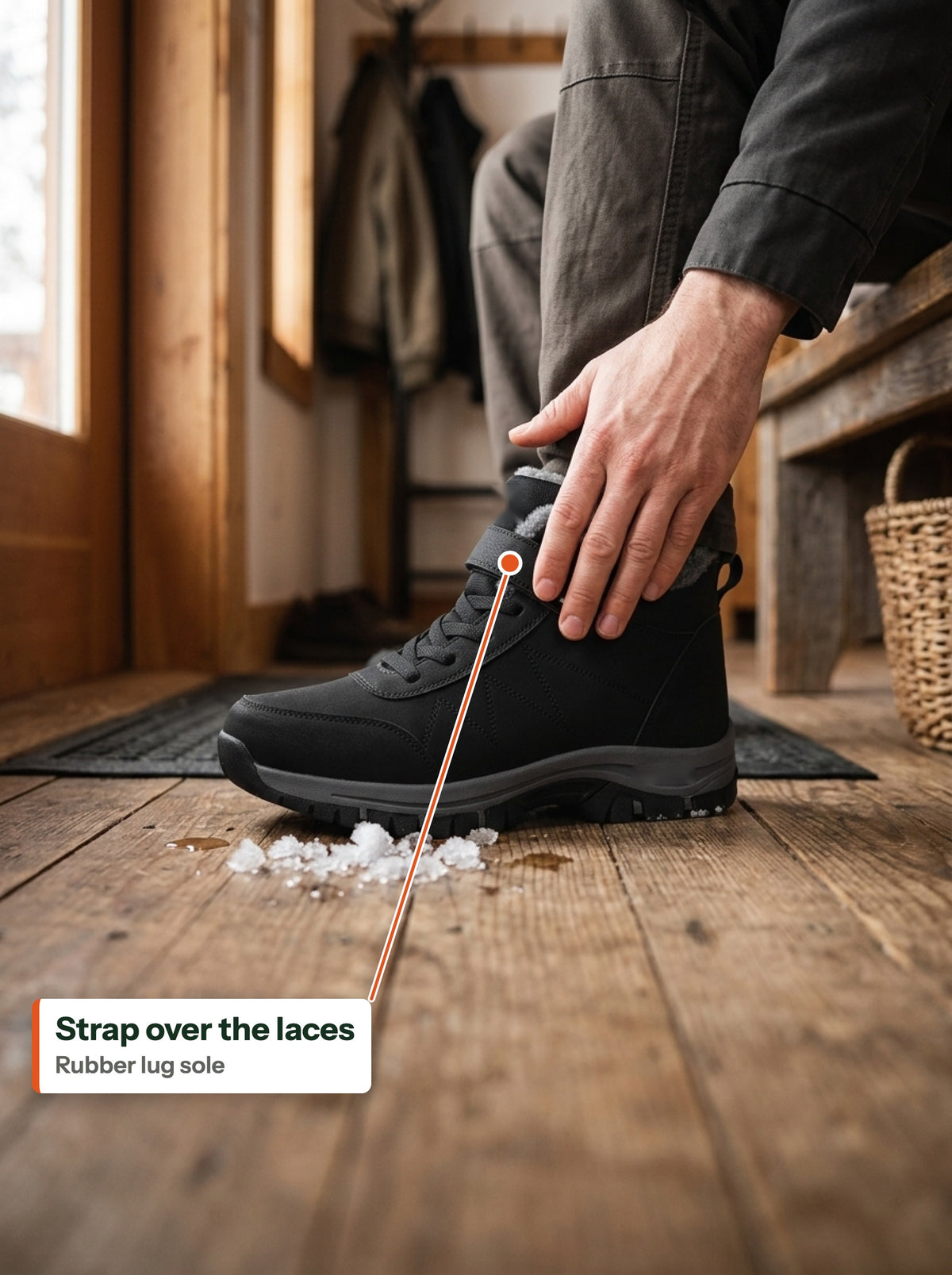 Strap over the laces, rubber lug sole
