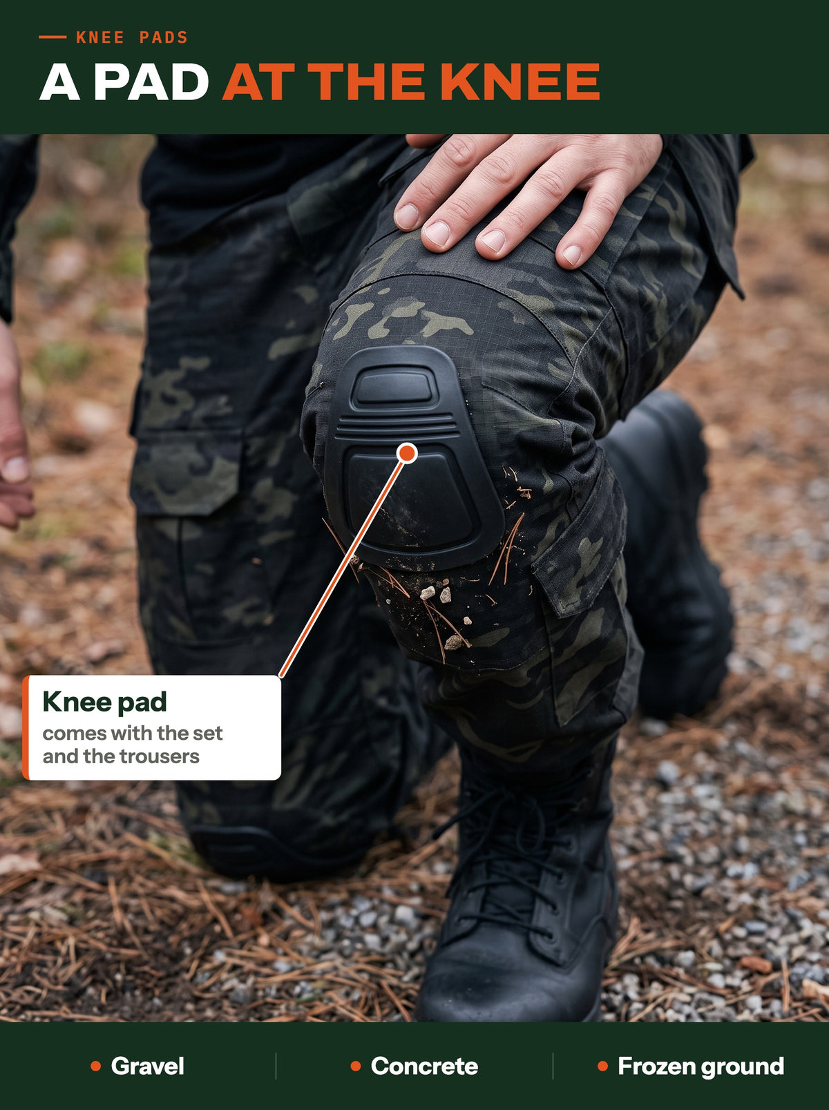 Kneeling on the forest floor: the combat trouser knee pad between knee and ground
