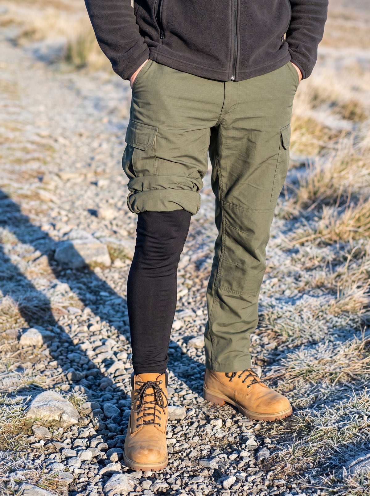 Thermal leggings under hiking trousers: trouser leg rolled up, black leggings underneath