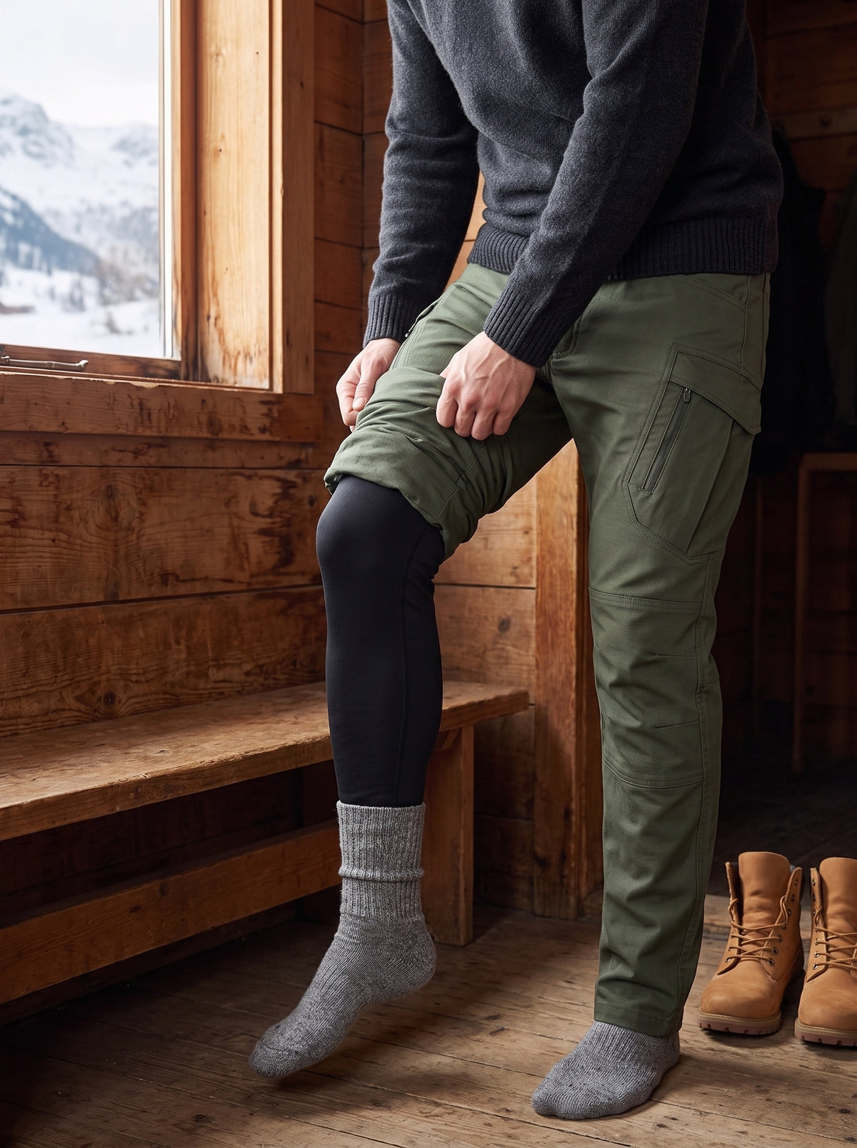 Morning in the hut: pulling hiking trousers on over the thermal leggings