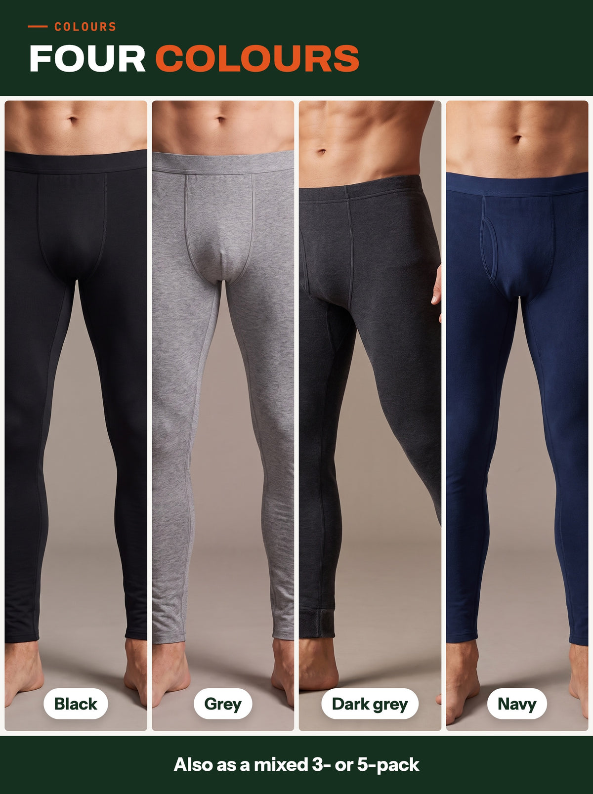 Men's thermal leggings in black, grey, dark grey and navy