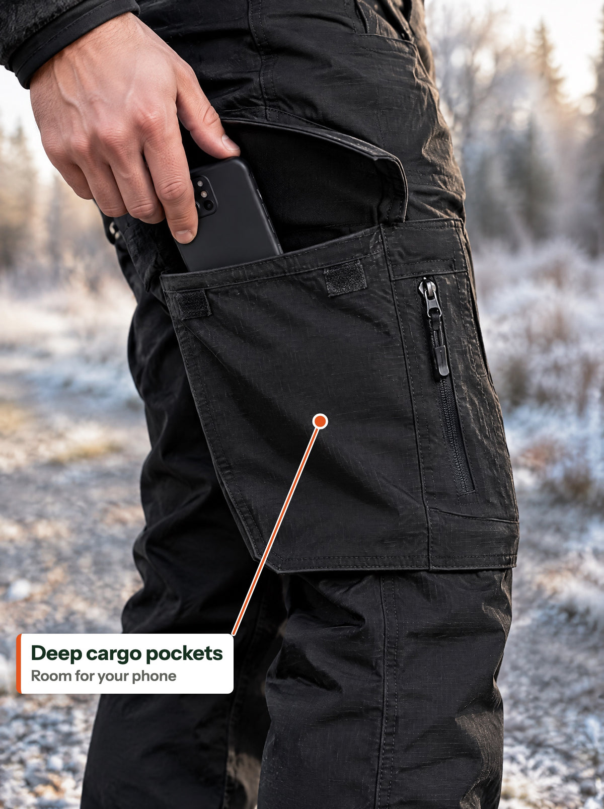 Phone going into the deep cargo pocket on the thigh (EN label)