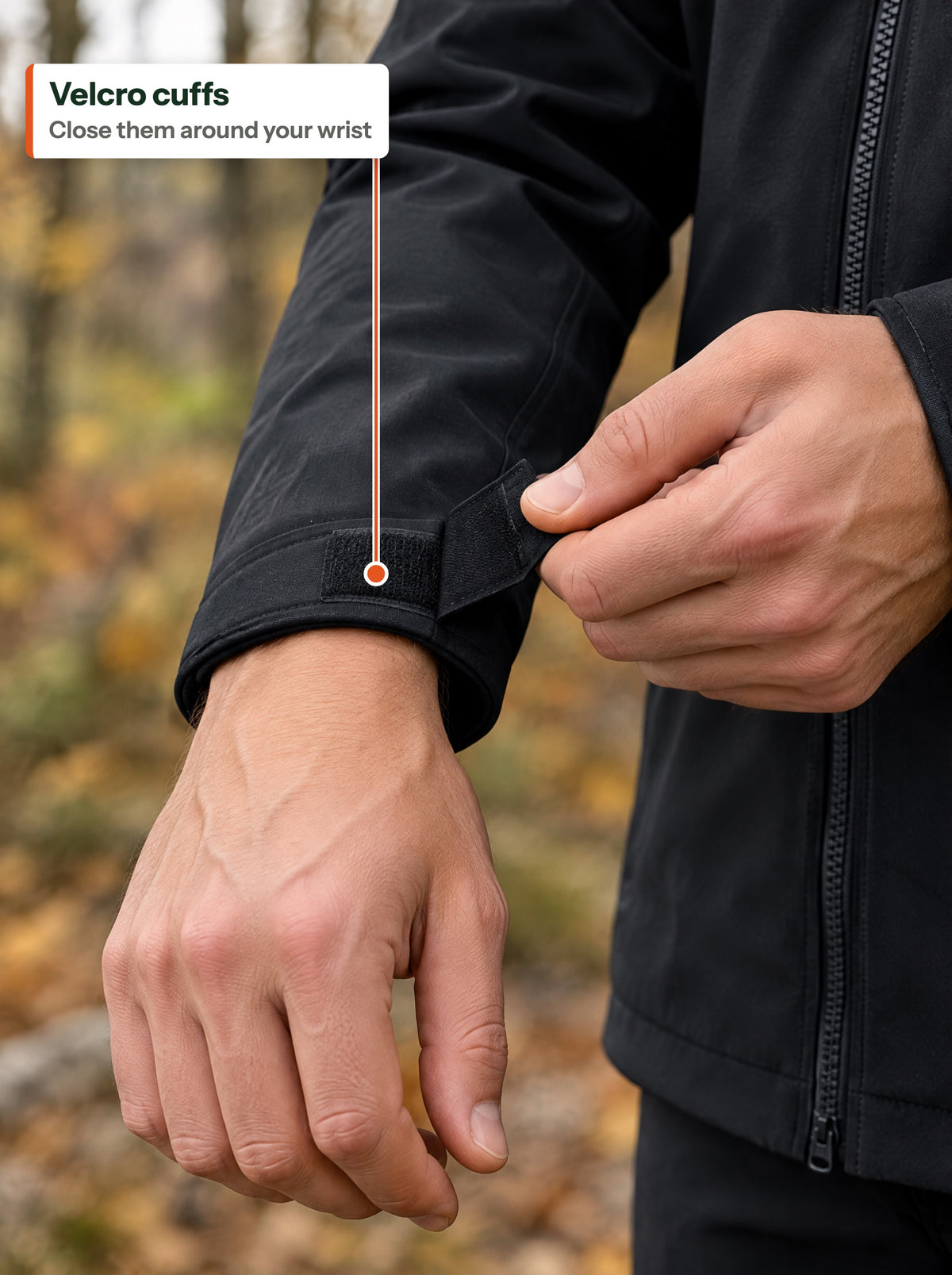 Velcro tab at the cuff (EN label)