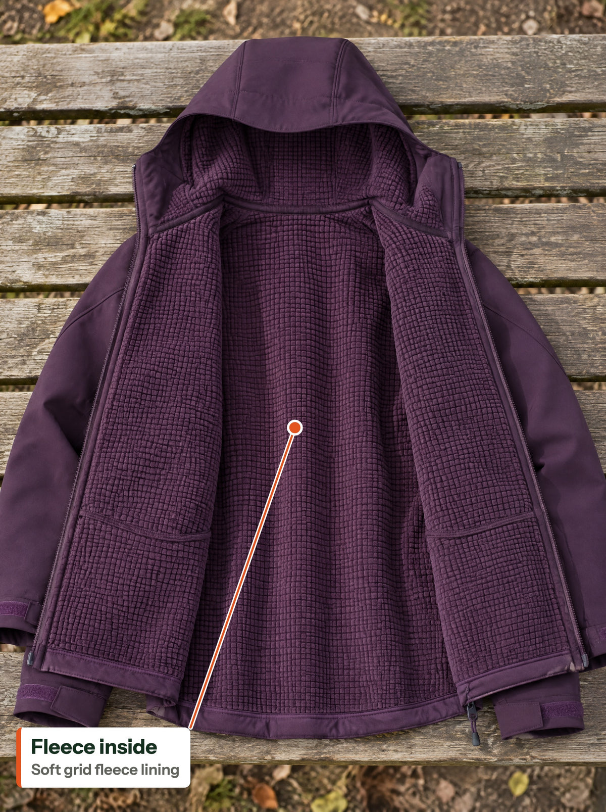 Grid fleece lining inside the open jacket (EN label)