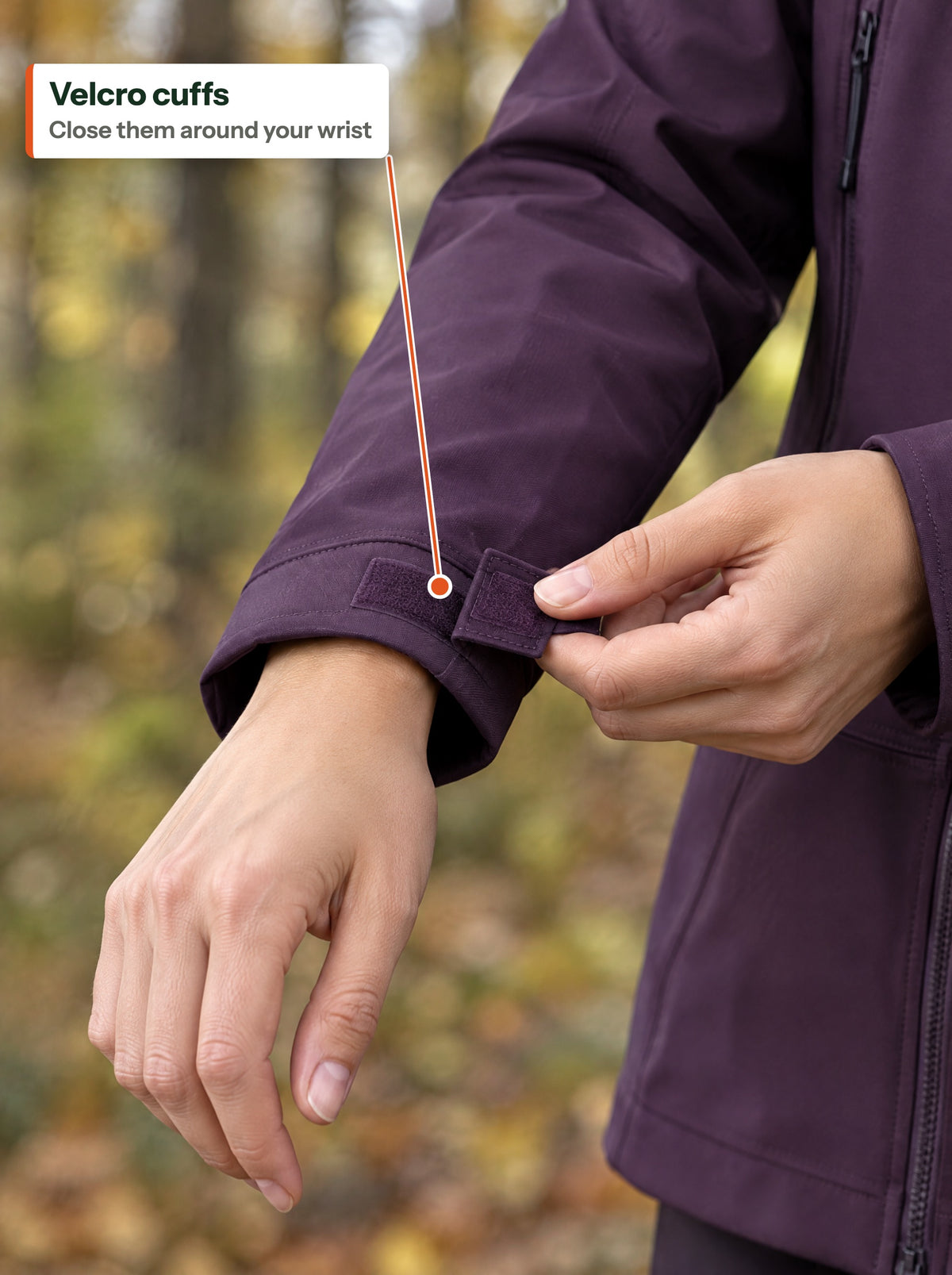Velcro tab at the cuff (EN label)