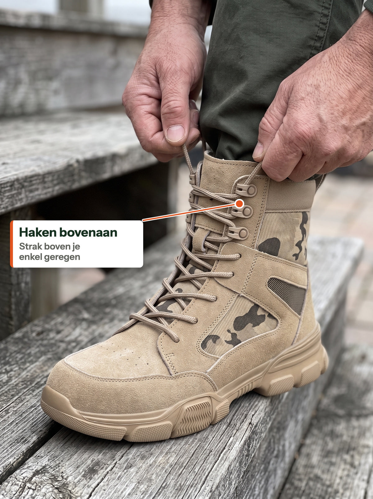 Haken bovenaan, strak boven je enkel geregen