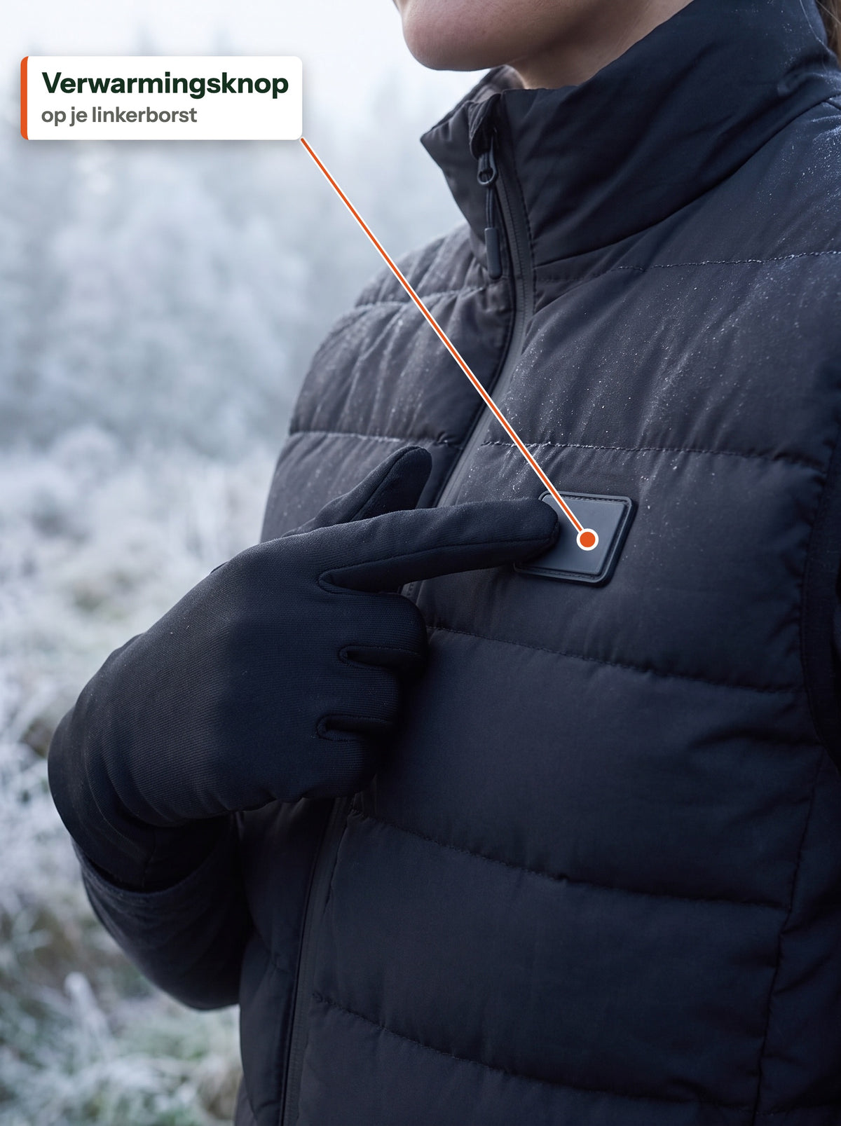 Een vinger in een handschoen drukt op de verwarmingsknop op de linkerborst van de zwarte bodywarmer