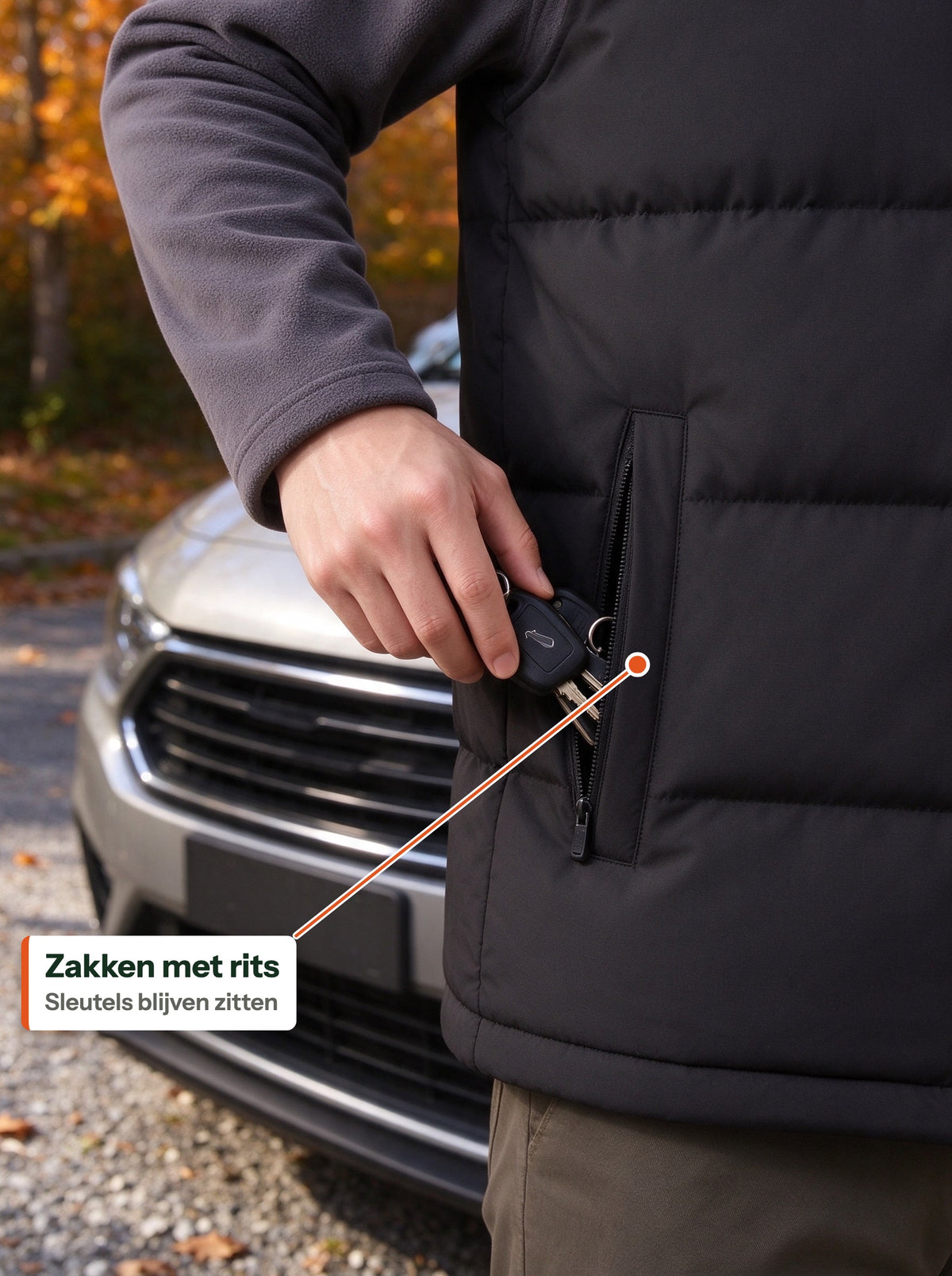 Car keys going into the zipped hand pocket of the black quilted vest (NL label)