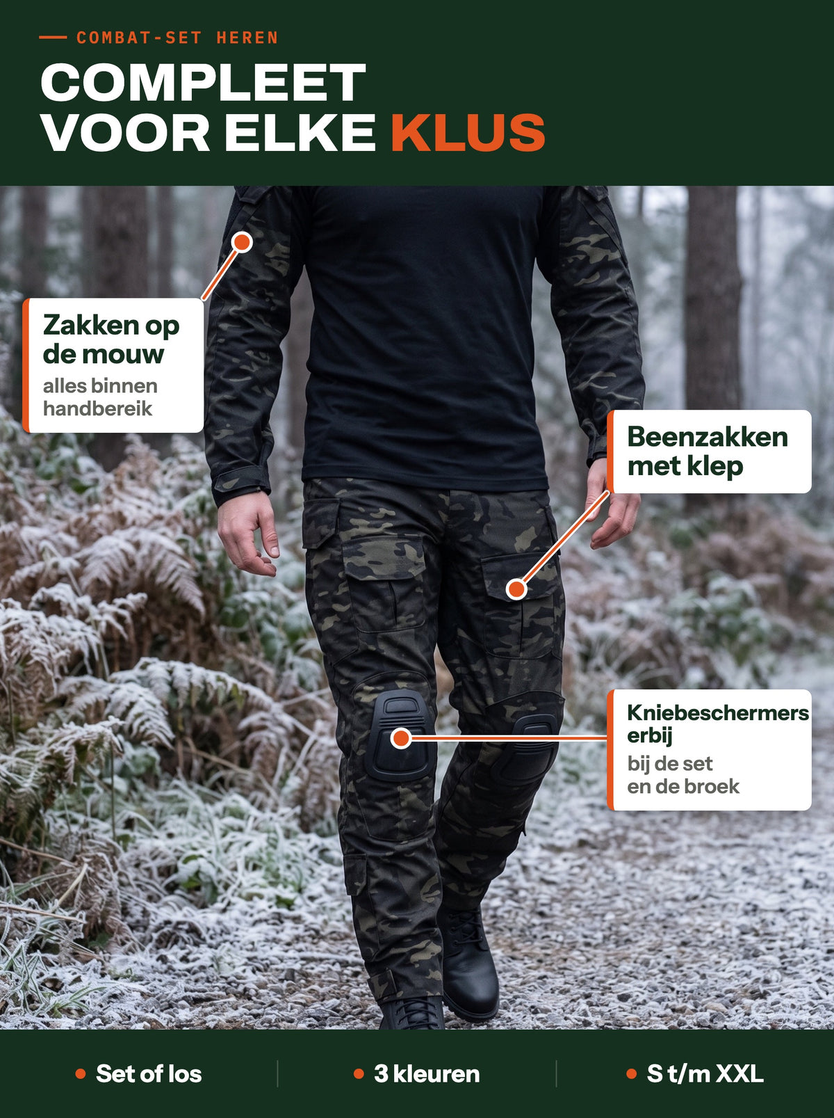 Combat-set heren in Black Camo op een bospad: mouwzakken, beenzakken en kniebeschermers
