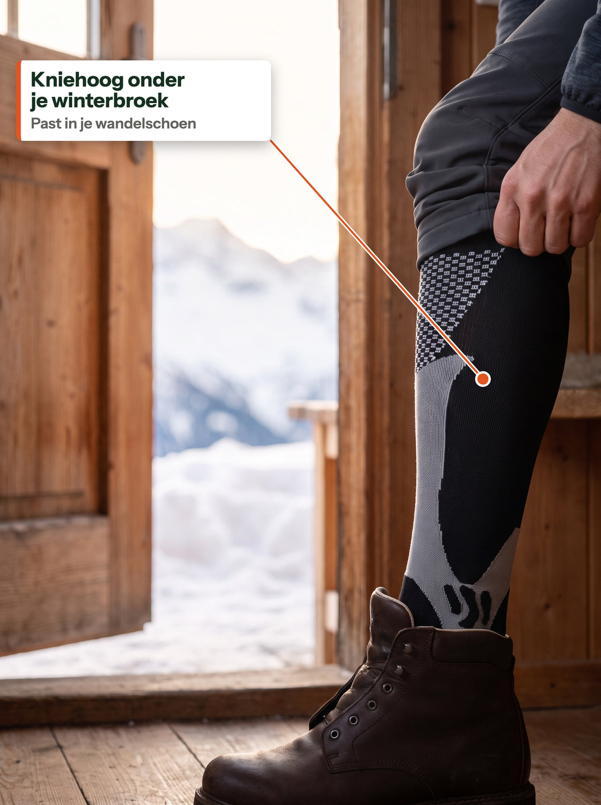 Kniehoge compressiesok onder je winterbroek, in je wandelschoen (NL label)